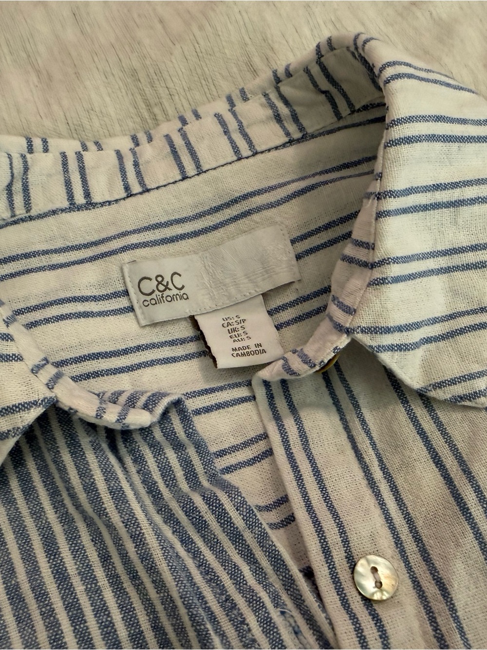 C&C California Cream Mini Dress with Blue Stripes and Button Front and Pockets